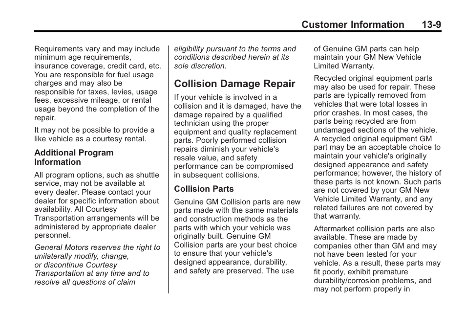 Collision damage repair, Collision damage repair -9, Customer information 13-9 | Buick 2011 Regal User Manual | Page 341 / 360