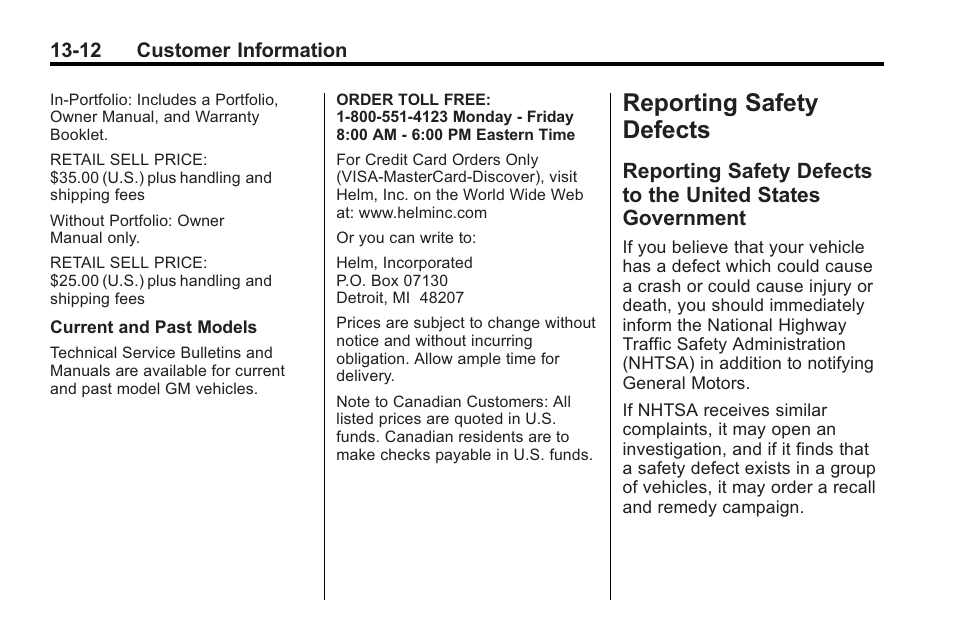 Reporting safety defects, Reporting safety defects to, The united states government -12 | Buick 2011 Regal User Manual | Page 344 / 360