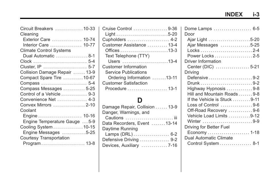 Index_d, Index i-3 | Buick 2011 Regal User Manual | Page 351 / 360