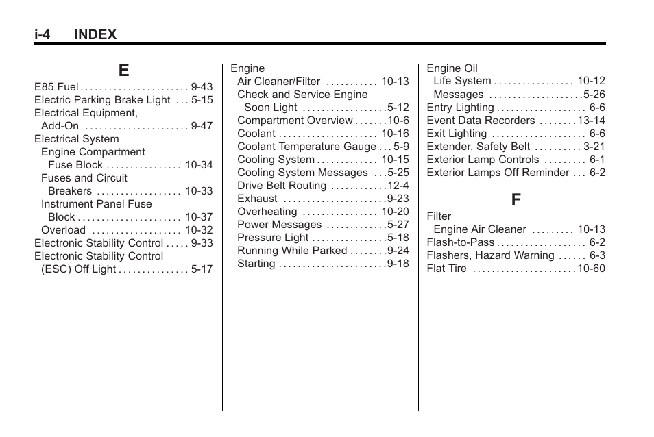 Index_e, Index_f, I-4 index | Buick 2011 Regal User Manual | Page 352 / 360