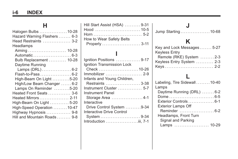 Index_h, Index_i, Index_j | Index_k, Index_l | Buick 2011 Regal User Manual | Page 354 / 360