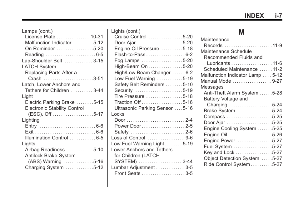 Index_m, Index i-7 | Buick 2011 Regal User Manual | Page 355 / 360