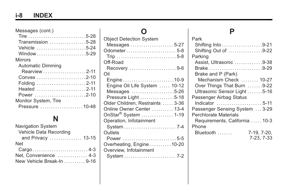 Index_n, Index_o, Index_p | I-8 index | Buick 2011 Regal User Manual | Page 356 / 360