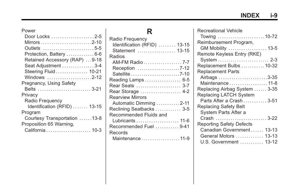 Index_r, Index i-9 | Buick 2011 Regal User Manual | Page 357 / 360