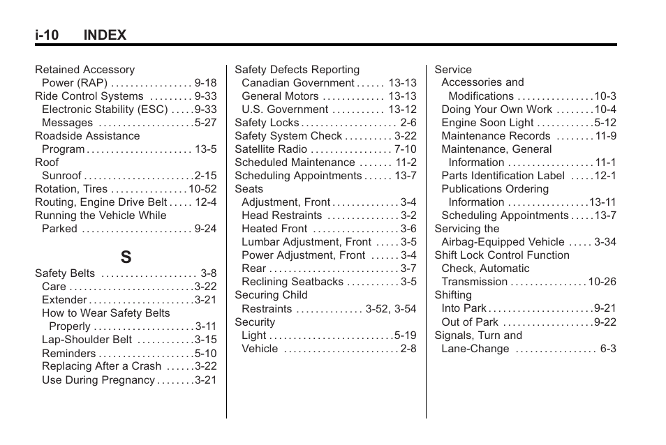 Index_s, I-10 index | Buick 2011 Regal User Manual | Page 358 / 360