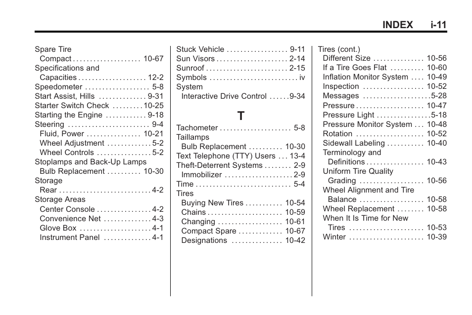 Index_t, Index i-11 | Buick 2011 Regal User Manual | Page 359 / 360