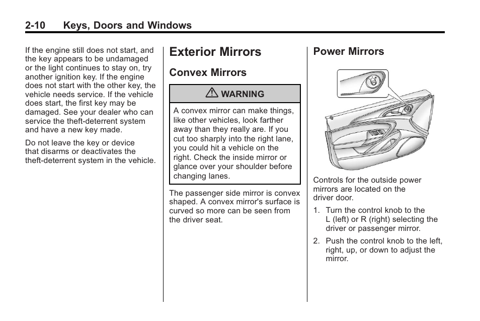 Exterior mirrors, Convex mirrors, Power mirrors | Exterior mirrors -10, Indicators, Convex mirrors -10, Mirrors -10 | Buick 2011 Regal User Manual | Page 36 / 360