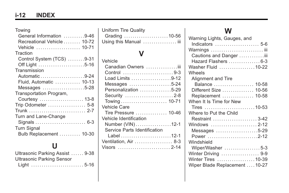 Index_u, Index_v, Index_w | I-12 index | Buick 2011 Regal User Manual | Page 360 / 360