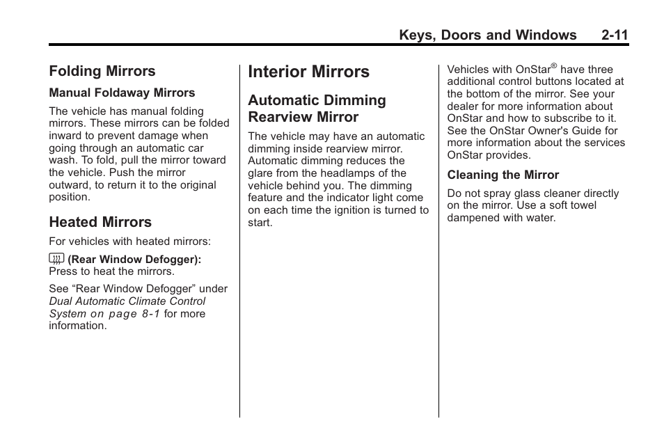 Folding mirrors, Heated mirrors, Interior mirrors | Automatic dimming rearview mirror, Interior mirrors -11, Folding mirrors -11 heated mirrors -11, Dimming rearview, Mirror -11 | Buick 2011 Regal User Manual | Page 37 / 360