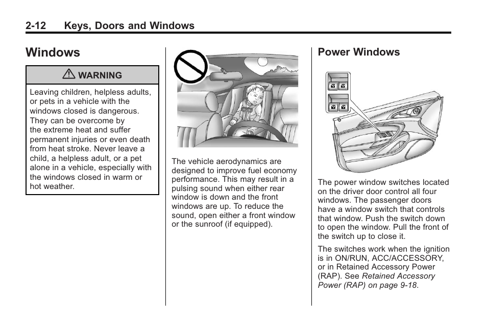 Windows, Power windows, Windows -12 | Vehicle messages, 12 power windows -12 | Buick 2011 Regal User Manual | Page 38 / 360