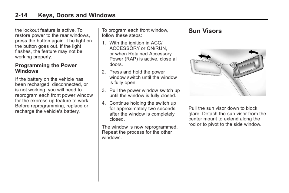 Sun visors, Sun visors -14, 14 keys, doors and windows | Buick 2011 Regal User Manual | Page 40 / 360