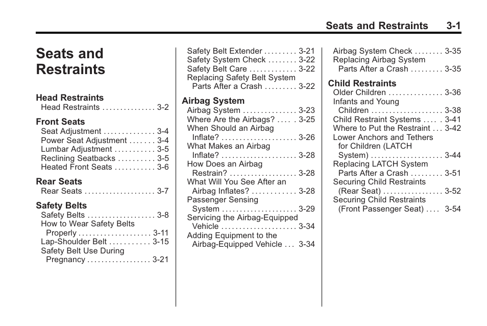 Seats and restraints, Seats and restraints -1, Seats and restraints 3-1 | Buick 2011 Regal User Manual | Page 43 / 360