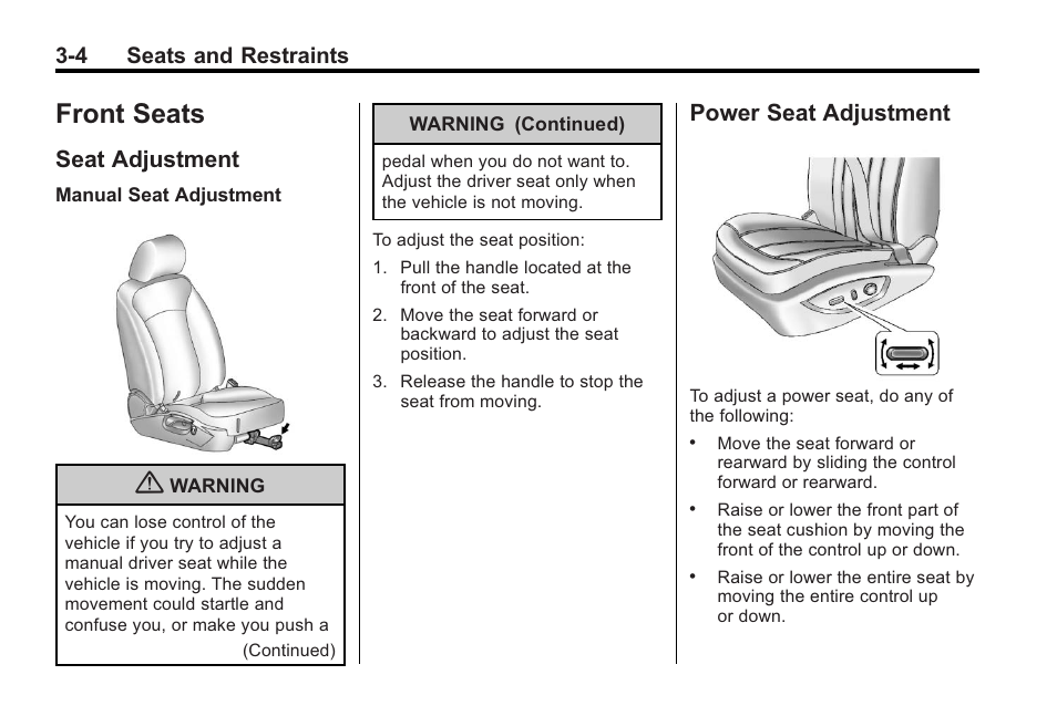 Front seats, Seat adjustment, Power seat adjustment | Front seats -4, Seat adjustment -4 power seat adjustment -4, 4 seats and restraints | Buick 2011 Regal User Manual | Page 46 / 360