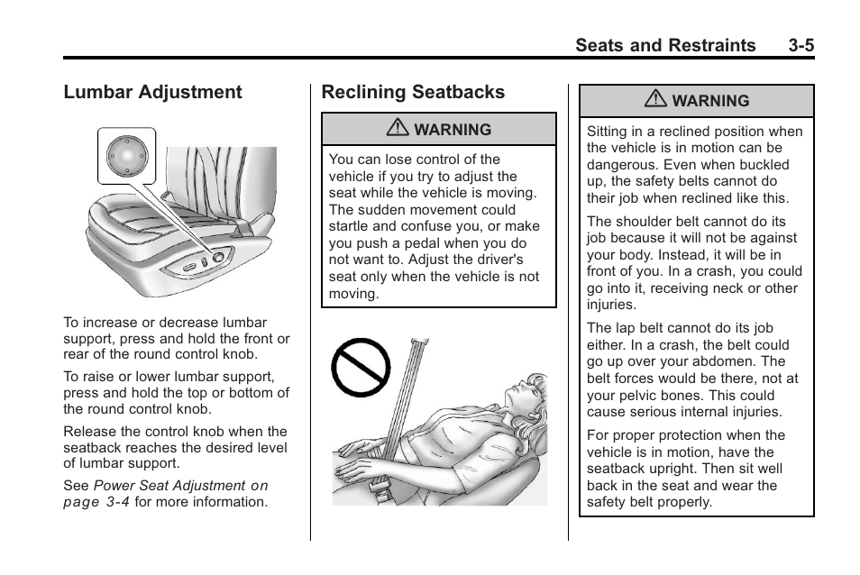 Lumbar adjustment, Reclining seatbacks, Lumbar adjustment -5 reclining seatbacks -5 | Buick 2011 Regal User Manual | Page 47 / 360