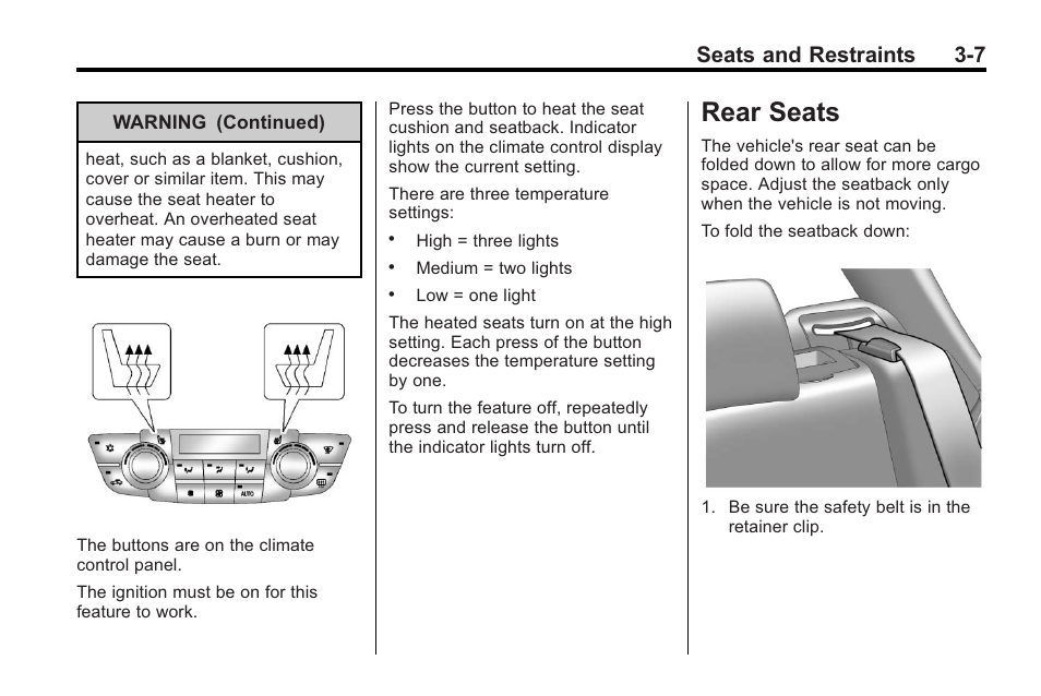 Rear seats, Rear seats -7, Seats and restraints 3-7 | Buick 2011 Regal User Manual | Page 49 / 360