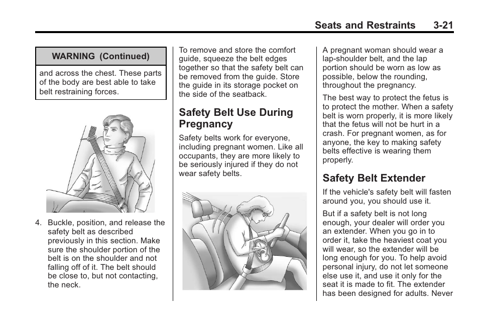 Safety belt use during pregnancy, Safety belt extender, Safety belt use during | Pregnancy -21, Safety belt extender -21 | Buick 2011 Regal User Manual | Page 63 / 360