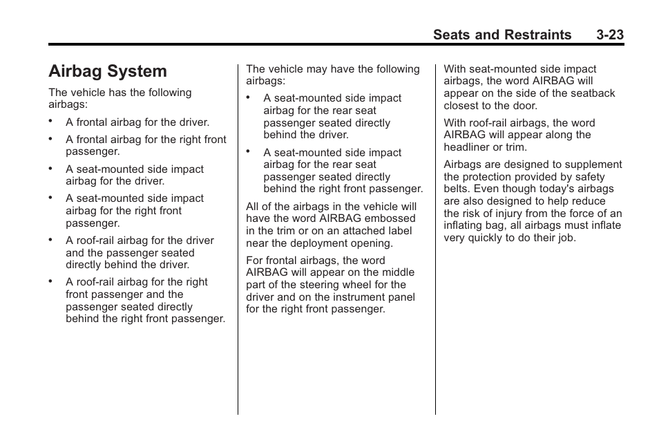 Airbag system, Airbag system -23, Introduction | System -23, Seats and restraints 3-23 | Buick 2011 Regal User Manual | Page 65 / 360