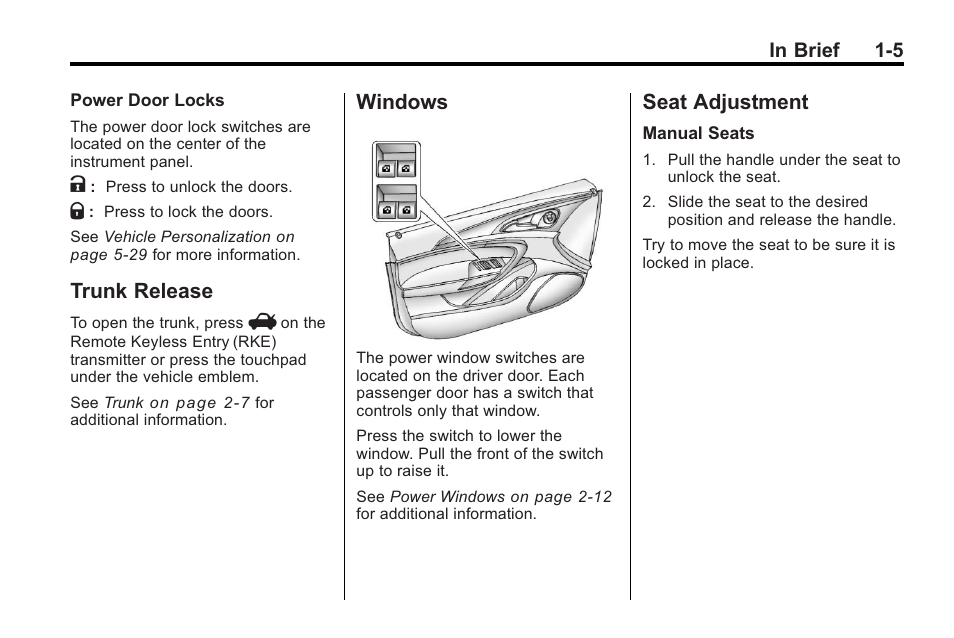 Trunk release, Windows, Seat adjustment | Trunk release -5 windows -5 seat adjustment -5, Driver | Buick 2011 Regal User Manual | Page 9 / 360