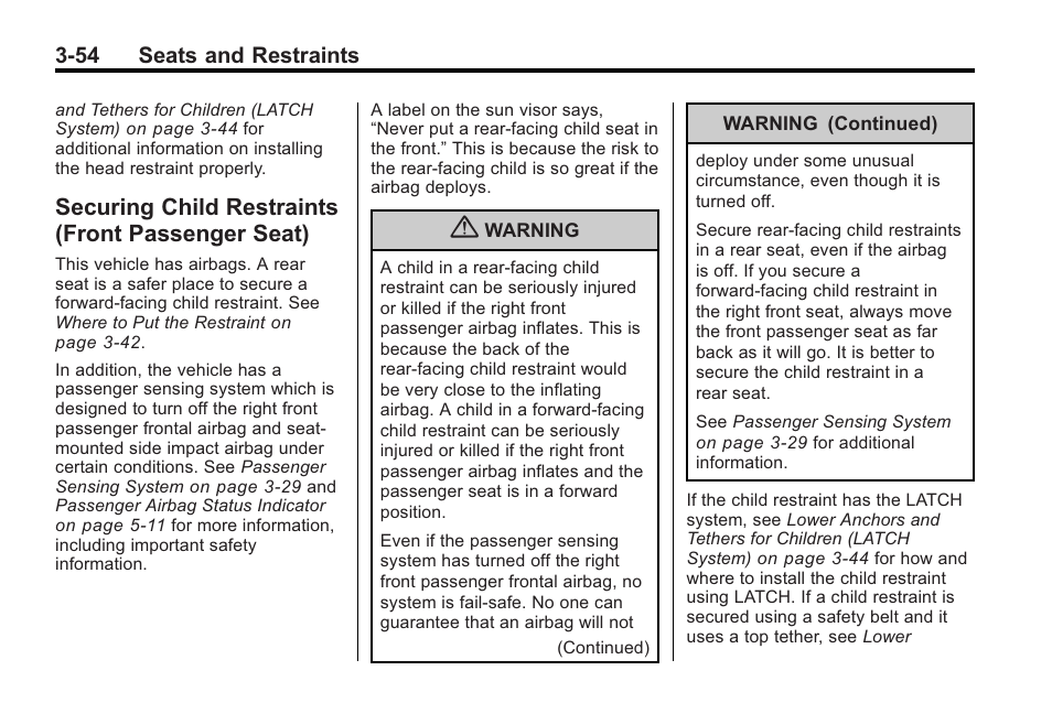 Securing child restraints (front passenger seat), Securing child restraints, Passenger seat) -54 | Buick 2011 Regal User Manual | Page 96 / 360