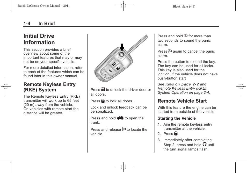 Initial drive information, Remote keyless entry (rke) system, Remote vehicle start | Initial drive information -4, Additional storage features -2, Air vents, System -4, Remote vehicle start -4, Vehicle | Buick 2011 Lacrosse User Manual | Page 10 / 446