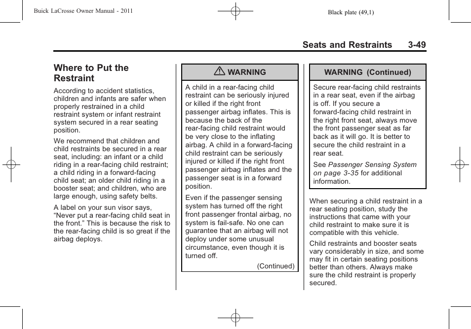 Where to put the restraint, Where to put the restraint -49 | Buick 2011 Lacrosse User Manual | Page 101 / 446