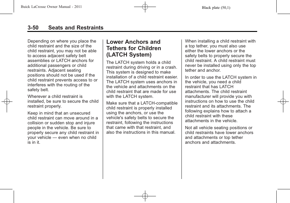 Lower anchors and tethers, For children (latch system) -50 | Buick 2011 Lacrosse User Manual | Page 102 / 446