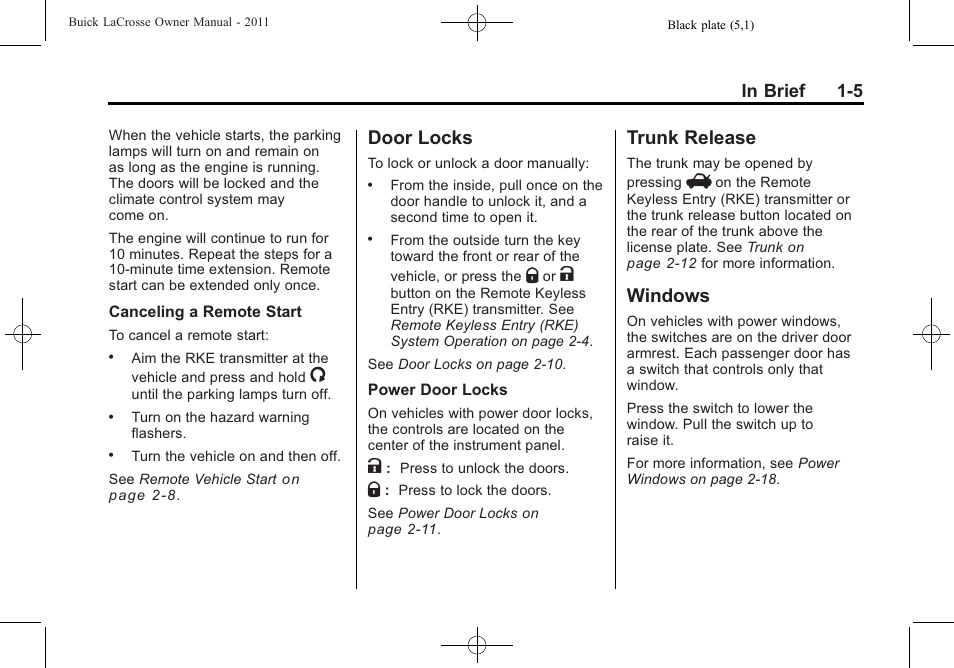 Door locks, Trunk release, Windows | Door locks -5 trunk release -5 windows -5 | Buick 2011 Lacrosse User Manual | Page 11 / 446