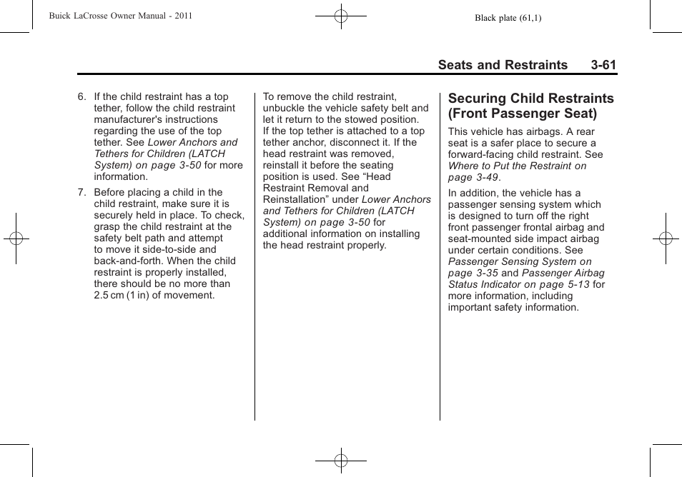 Securing child restraints (front passenger seat), Securing child restraints, Front passenger seat) -61 | Buick 2011 Lacrosse User Manual | Page 113 / 446