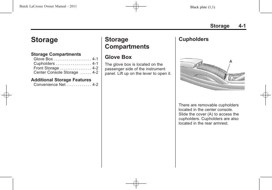 Storage, Storage compartments, Glove box | Cupholders, Storage -1, Storage compartments -1, Climate | Buick 2011 Lacrosse User Manual | Page 117 / 446