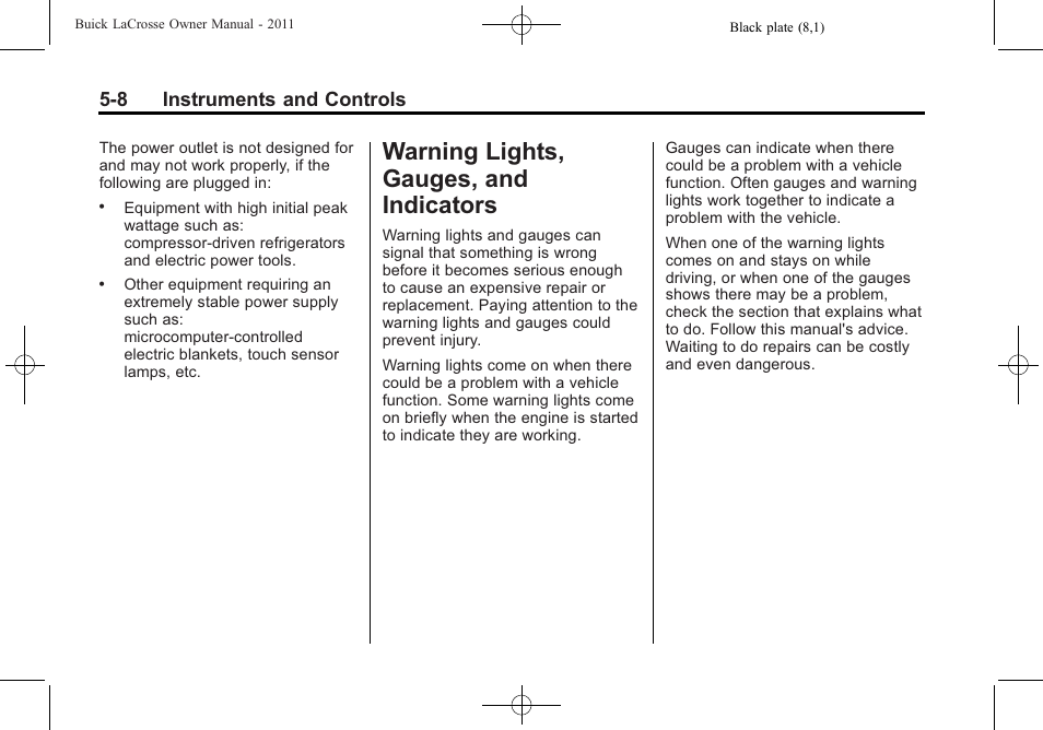 Warning lights, gauges, and indicators, Warning lights, gauges, and, Indicators -8 | Starting and operating -17, 8 instruments and controls | Buick 2011 Lacrosse User Manual | Page 126 / 446