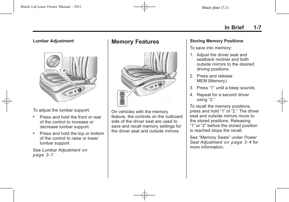 Memory features, Memory features -7 | Buick 2011 Lacrosse User Manual | Page 13 / 446