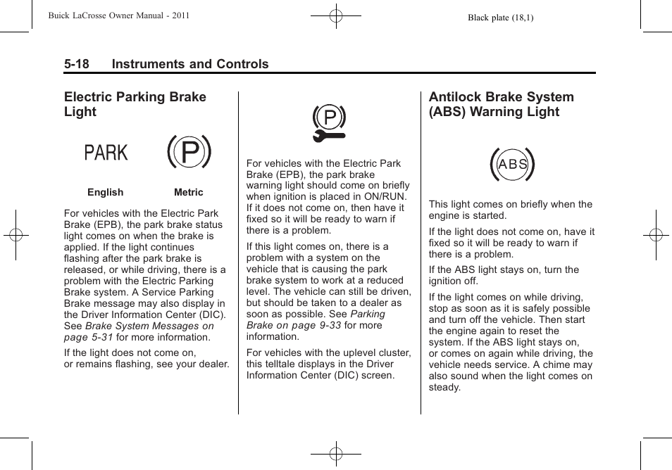 Electric parking brake light, Antilock brake system (abs) warning light, Parking brake | Antilock brake system (abs), Warning light -18 | Buick 2011 Lacrosse User Manual | Page 136 / 446