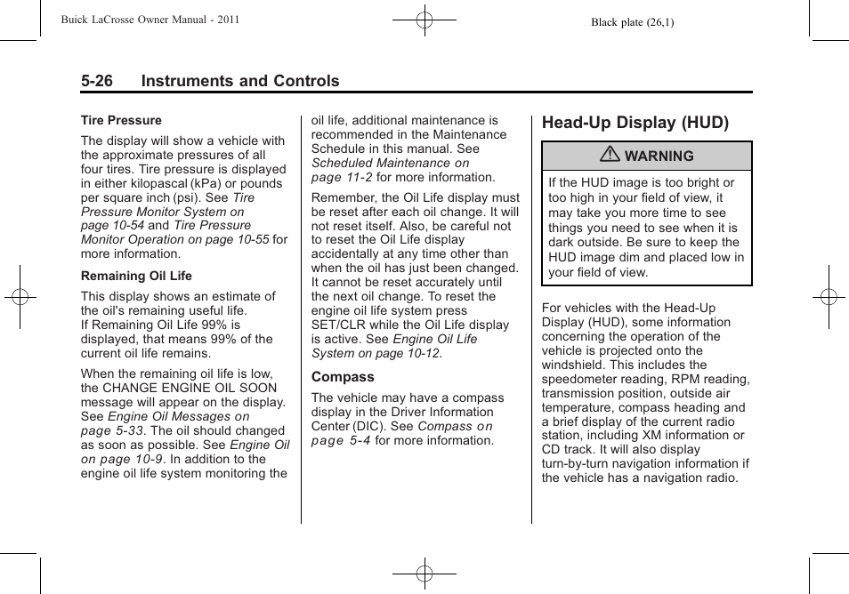 Head-up display (hud), Head-up display (hud) on, Head-up display (hud) -26 | Buick 2011 Lacrosse User Manual | Page 144 / 446