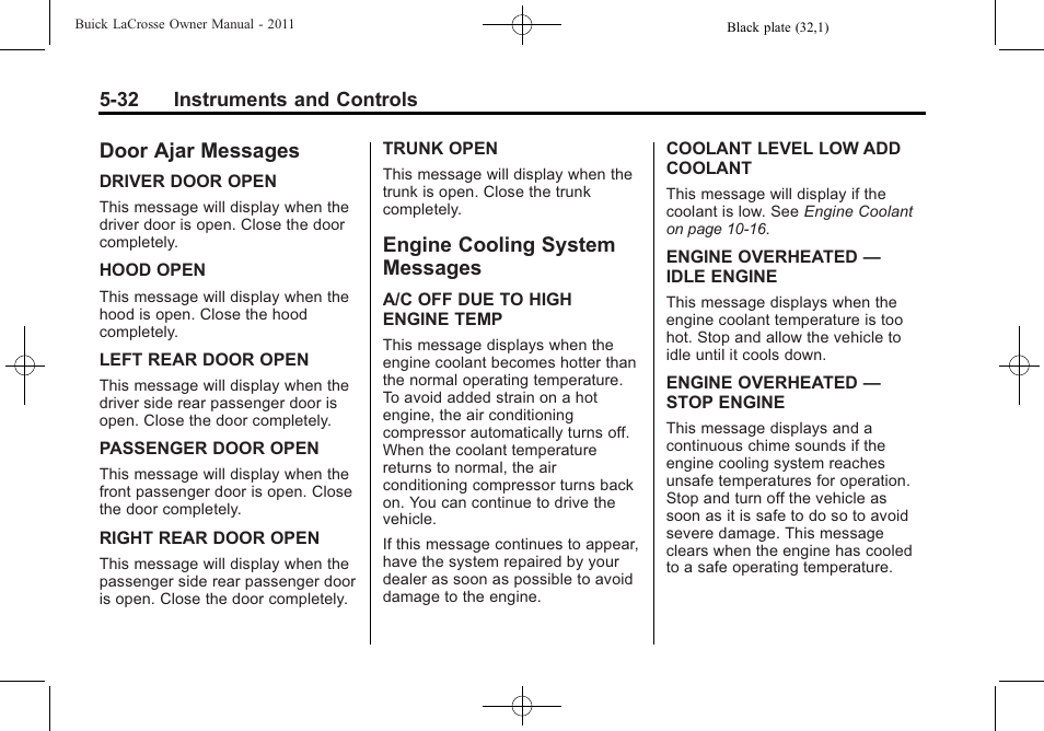 Door ajar messages, Engine cooling system messages, Door ajar messages -32 engine cooling system | Messages -32 | Buick 2011 Lacrosse User Manual | Page 150 / 446