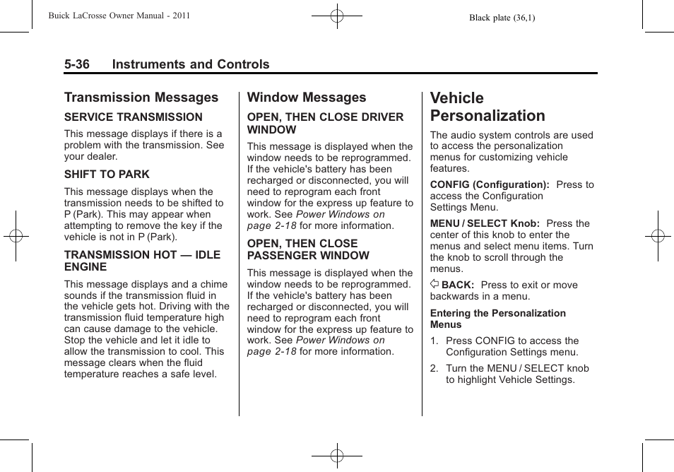 Transmission messages, Window messages, Vehicle personalization | Drive systems, Transmission messages -36 window messages -36, Vehicle personalization -36 | Buick 2011 Lacrosse User Manual | Page 154 / 446