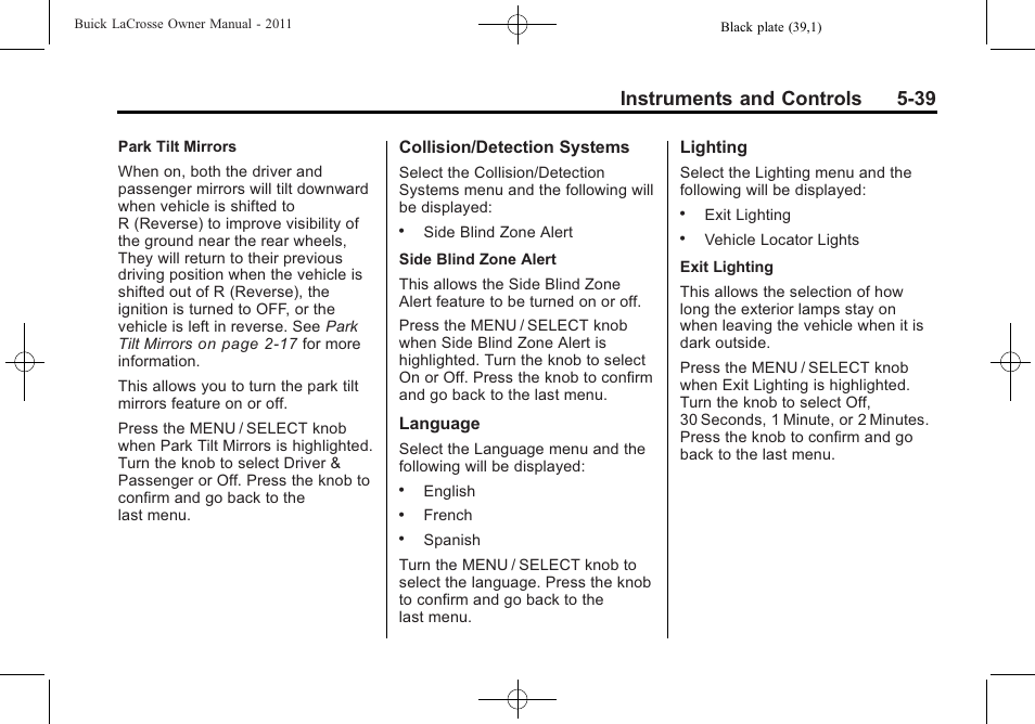 Instruments and controls 5-39 | Buick 2011 Lacrosse User Manual | Page 157 / 446