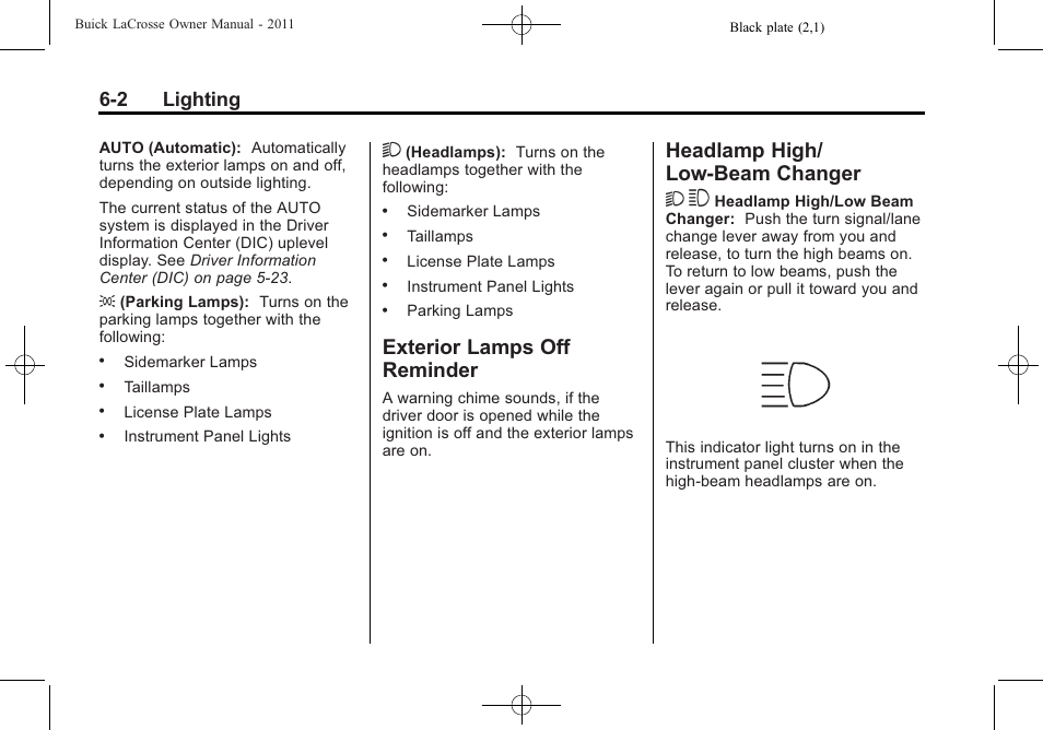 Exterior lamps off reminder, Headlamp high/low-beam changer, Exterior lamps off | Reminder -2, Headlamp high/low-beam, Changer -2, Headlamp high/ low-beam changer 2 3, 2 lighting | Buick 2011 Lacrosse User Manual | Page 166 / 446