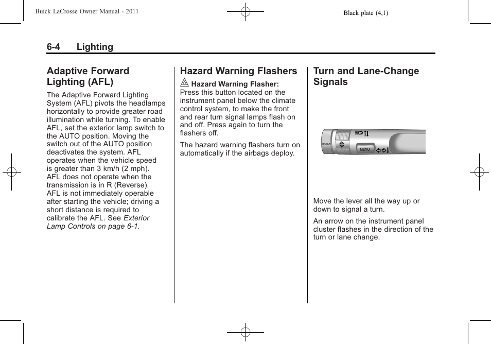 Adaptive forward lighting (afl), Hazard warning flashers, Turn and lane-change signals | Adaptive forward, Lighting (afl) -4, Hazard warning flashers -4 turn and lane-change, Signals -4 | Buick 2011 Lacrosse User Manual | Page 168 / 446