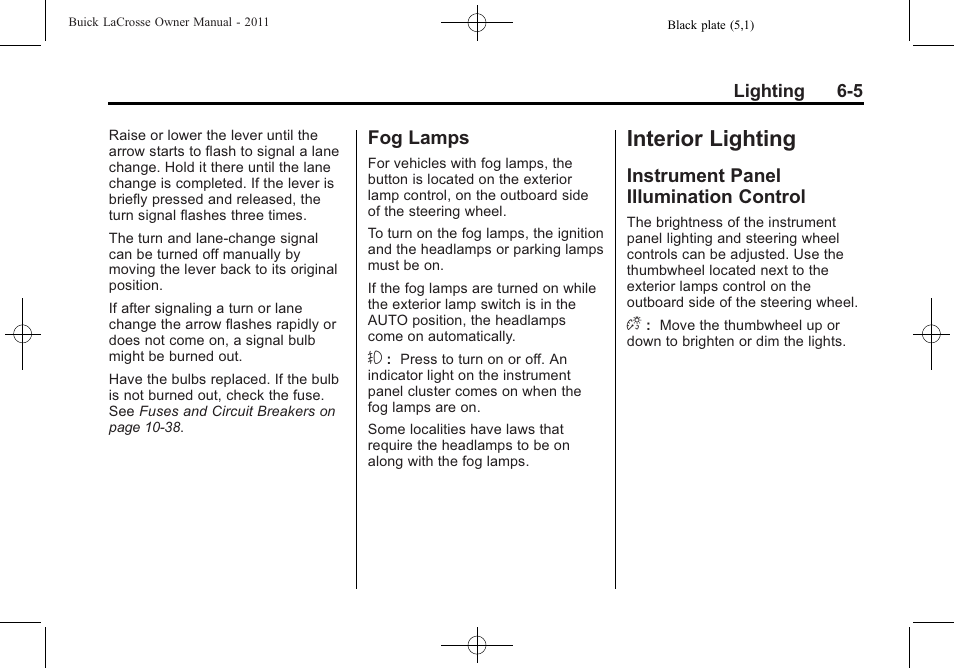 Fog lamps, Interior lighting, Instrument panel illumination control | Interior lighting -5, Fog lamps -5, Instrument panel illumination, Control -5 | Buick 2011 Lacrosse User Manual | Page 169 / 446