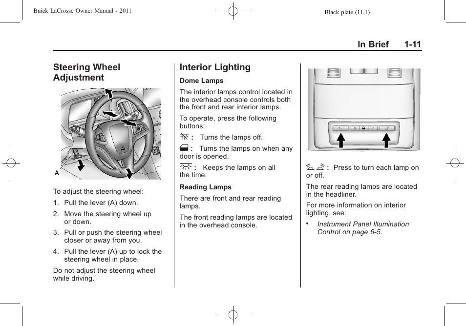 Steering wheel adjustment, Interior lighting, Steering wheel | Adjustment -11, Interior lighting -11 | Buick 2011 Lacrosse User Manual | Page 17 / 446