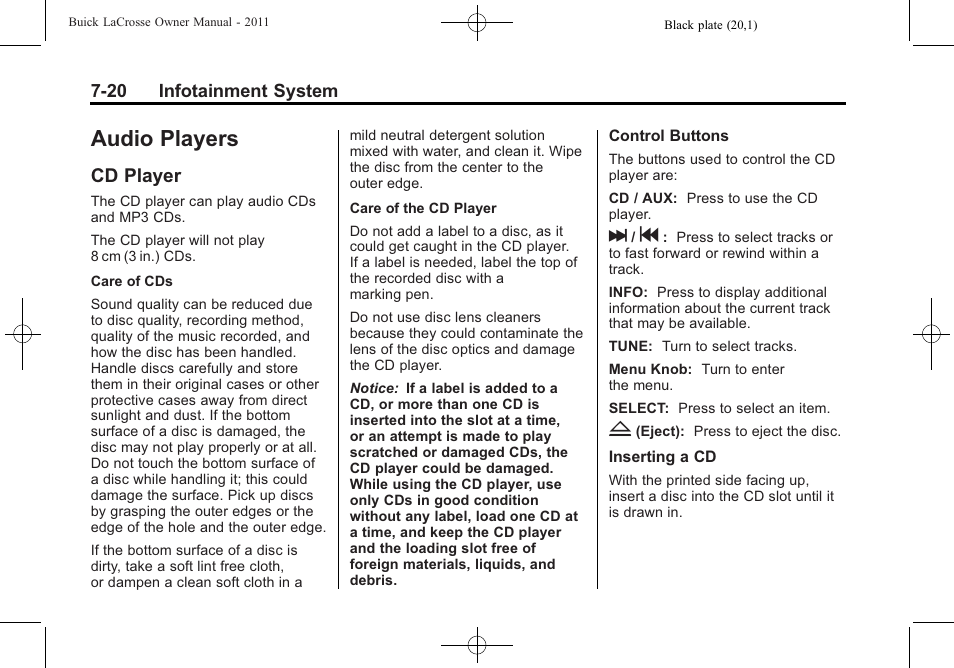 Audio players, Cd player, Audio players -20 | Cd player -20, Recognition) | Buick 2011 Lacrosse User Manual | Page 192 / 446