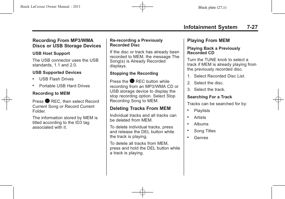 Infotainment system 7-27 | Buick 2011 Lacrosse User Manual | Page 199 / 446