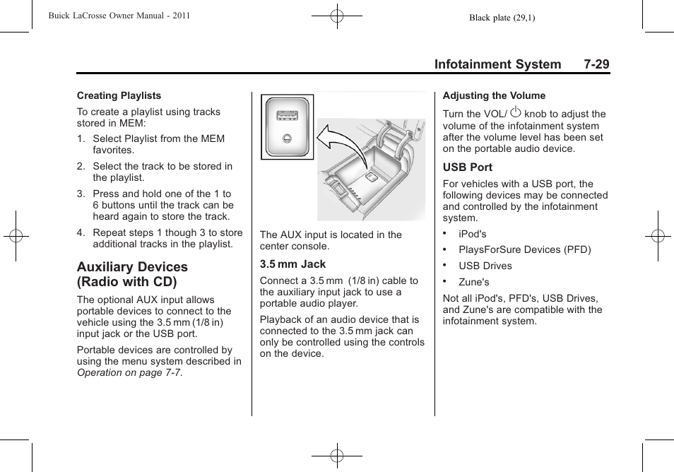 Auxiliary devices (radio with cd), Auxiliary devices (radio, With cd) -29 | Infotainment system 7-29 | Buick 2011 Lacrosse User Manual | Page 201 / 446