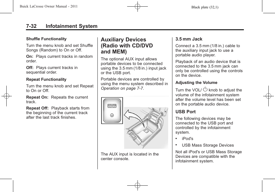 Auxiliary devices (radio with cd/dvd and mem), Auxiliary devices (radio with, And mem) -32 | 32 infotainment system | Buick 2011 Lacrosse User Manual | Page 204 / 446