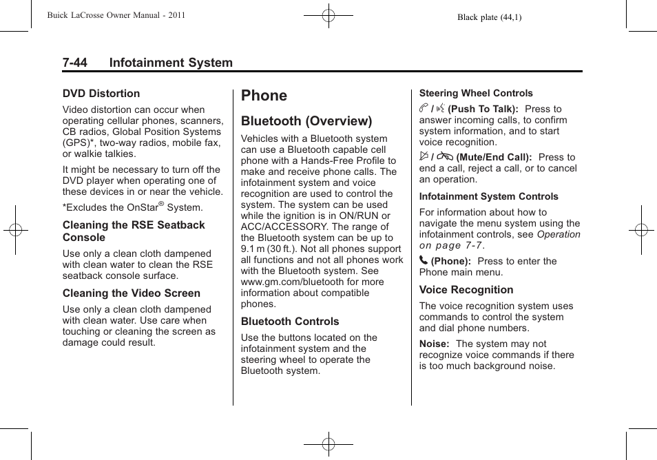 Phone, Bluetooth (overview), Phone -44 | Bluetooth (overview) -44 | Buick 2011 Lacrosse User Manual | Page 216 / 446