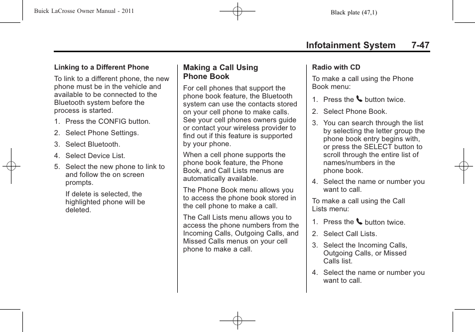 Infotainment system 7-47 | Buick 2011 Lacrosse User Manual | Page 219 / 446