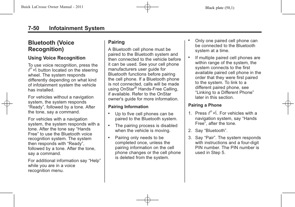 Bluetooth (voice recognition), Bluetooth (voice, 50 infotainment system | Buick 2011 Lacrosse User Manual | Page 222 / 446