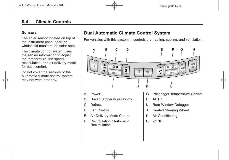 Dual automatic climate control system, Dual automatic climate, Control system -4 | 4 climate controls | Buick 2011 Lacrosse User Manual | Page 232 / 446