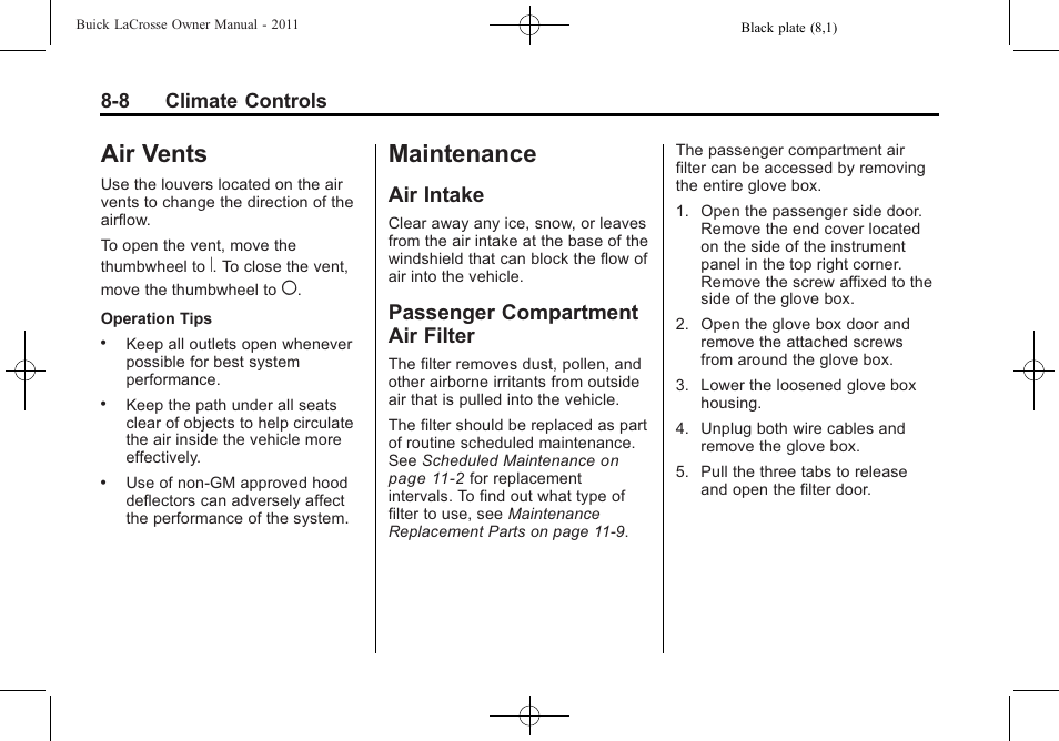 Air vents, Maintenance, Air intake | Passenger compartment air filter, 8 maintenance -8, Air vents -8, Air intake -8 passenger compartment, Air filter -8 | Buick 2011 Lacrosse User Manual | Page 236 / 446