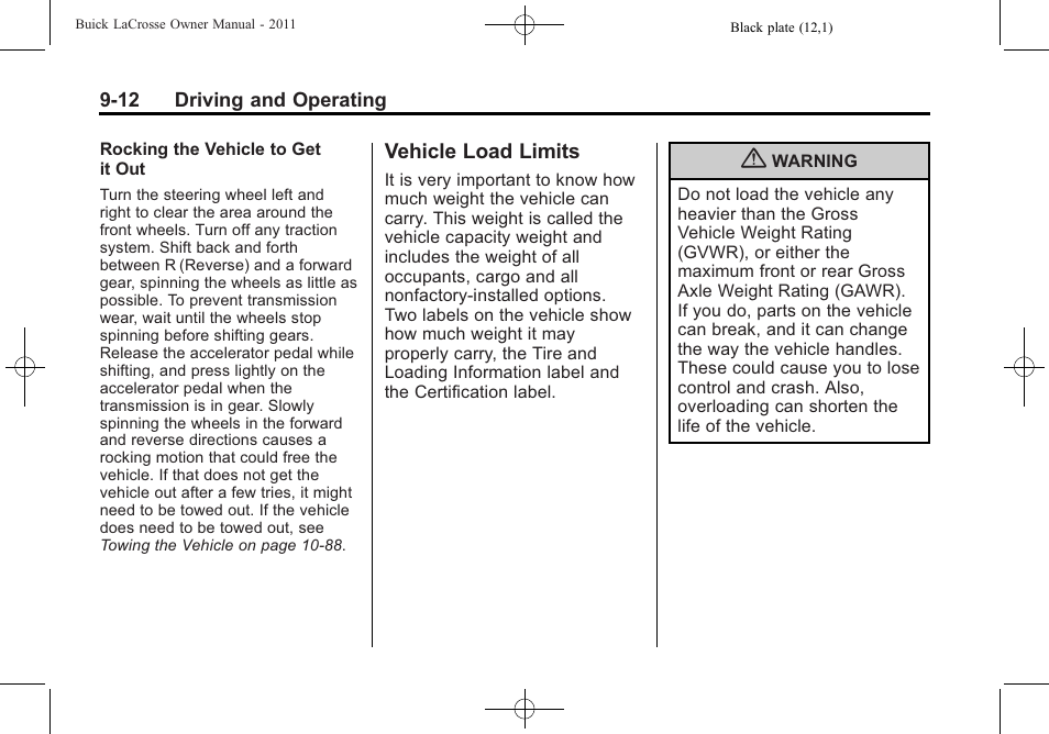 Vehicle load limits, Vehicle load limits -12 | Buick 2011 Lacrosse User Manual | Page 250 / 446